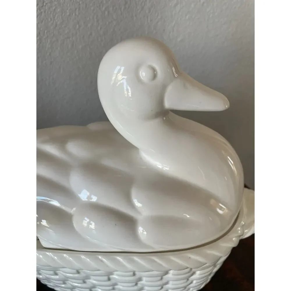 Vintage All White Ceramic Duck Soup Tureen with Lid and Ladle